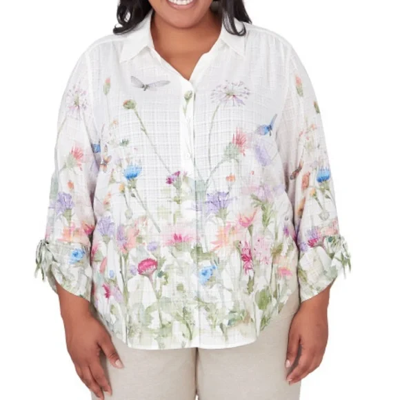 Alfred Dunner Garden Party Floral Watercolor Button Front White Blouse XL NWOT - Picture 2 of 13